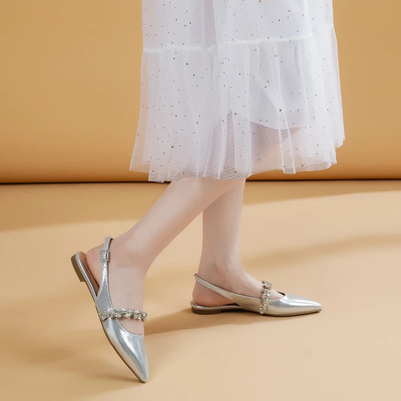 Summer Lady New Women's Shoes Back Strap Pointed Rhinestone Low-Front Cover Foot Flat Bottom Casual Shallow Mouth Simple Sandals