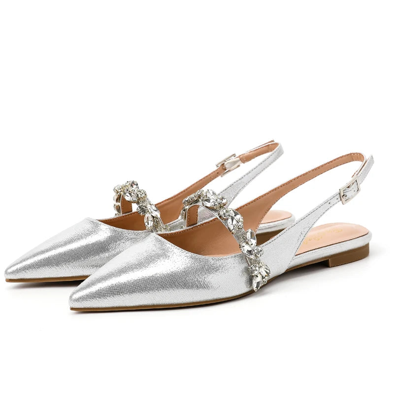 Summer Lady New Women's Shoes Back Strap Pointed Rhinestone Low-Front Cover Foot Flat Bottom Casual Shallow Mouth Simple Sandals