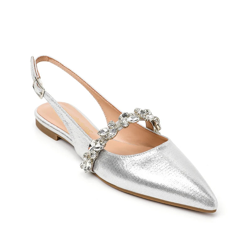 Summer Lady New Women's Shoes Back Strap Pointed Rhinestone Low-Front Cover Foot Flat Bottom Casual Shallow Mouth Simple Sandals