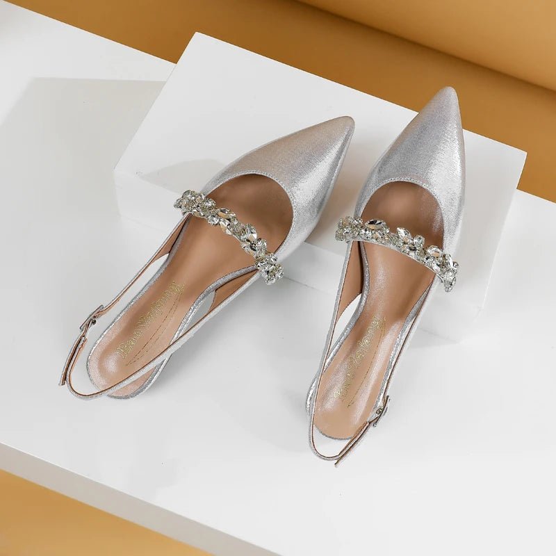 Summer Lady New Women's Shoes Back Strap Pointed Rhinestone Low-Front Cover Foot Flat Bottom Casual Shallow Mouth Simple Sandals