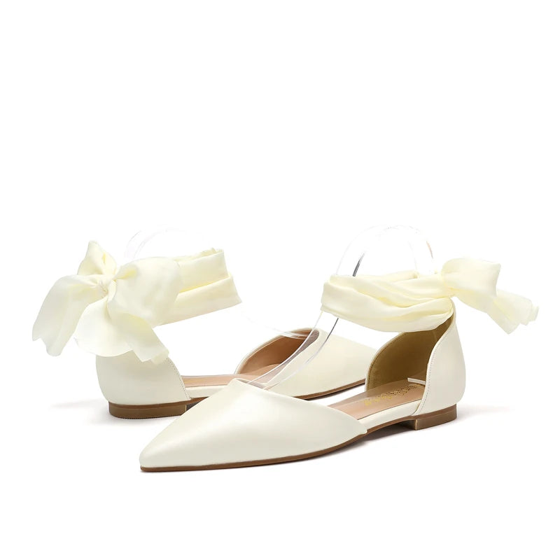 New Spring and Autumn Ankle Strap Pointed Ribbon Lace Back Leather White Hollow Banquet Flat Bottom Casual Ball Women's Shoes