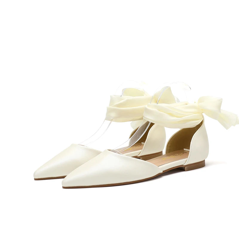 New Spring and Autumn Ankle Strap Pointed Ribbon Lace Back Leather White Hollow Banquet Flat Bottom Casual Ball Women's Shoes