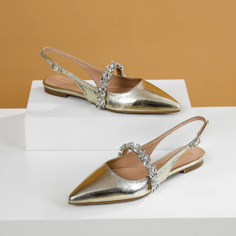 Summer Lady New Women's Shoes Back Strap Pointed Rhinestone Low-Front Cover Foot Flat Bottom Casual Shallow Mouth Simple Sandals