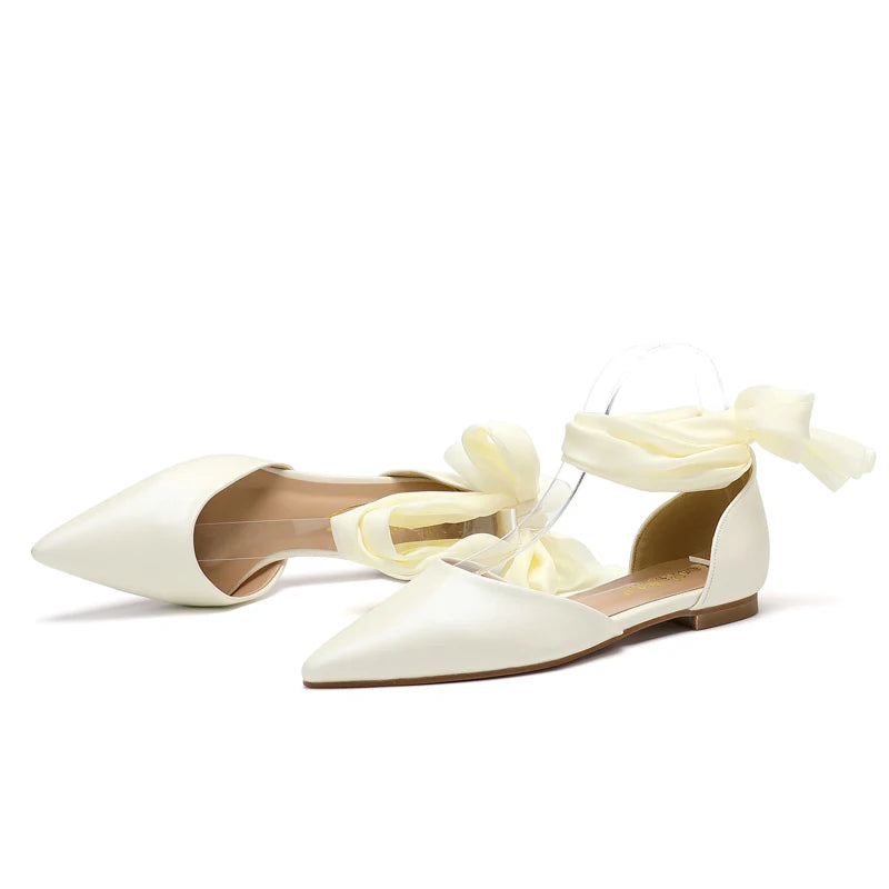 New Spring and Autumn Ankle Strap Pointed Ribbon Lace Back Leather White Hollow Banquet Flat Bottom Casual Ball Women's Shoes