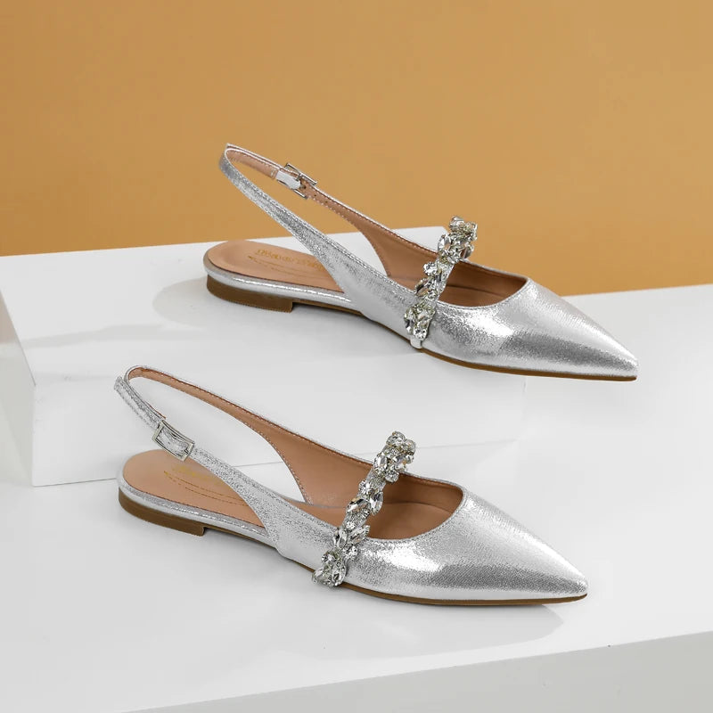 Summer Lady New Women's Shoes Back Strap Pointed Rhinestone Low-Front Cover Foot Flat Bottom Casual Shallow Mouth Simple Sandals