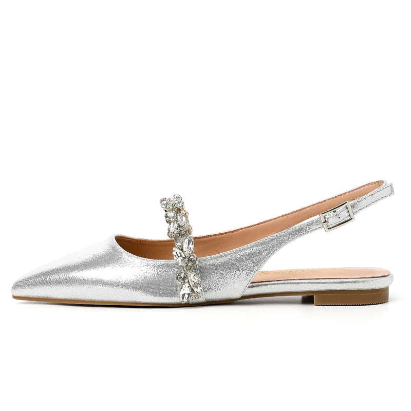 Summer Lady New Women's Shoes Back Strap Pointed Rhinestone Low-Front Cover Foot Flat Bottom Casual Shallow Mouth Simple Sandals