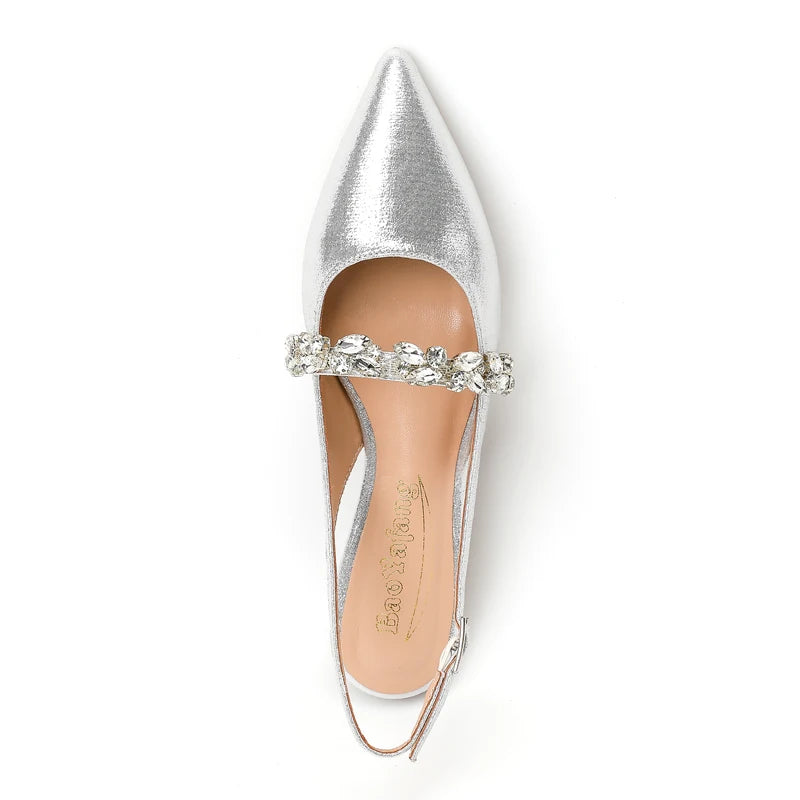 Summer Lady New Women's Shoes Back Strap Pointed Rhinestone Low-Front Cover Foot Flat Bottom Casual Shallow Mouth Simple Sandals