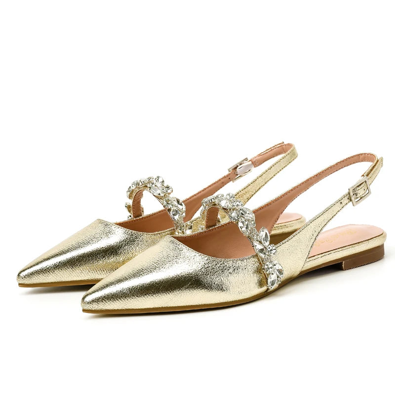 Summer Lady New Women's Shoes Back Strap Pointed Rhinestone Low-Front Cover Foot Flat Bottom Casual Shallow Mouth Simple Sandals