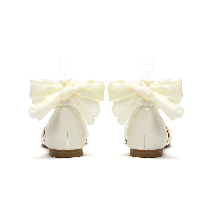 New Spring and Autumn Ankle Strap Pointed Ribbon Lace Back Leather White Hollow Banquet Flat Bottom Casual Ball Women's Shoes
