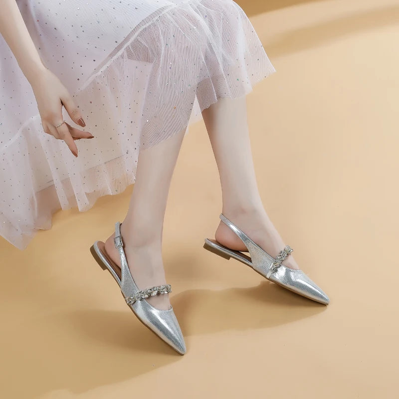 Summer Lady New Women's Shoes Back Strap Pointed Rhinestone Low-Front Cover Foot Flat Bottom Casual Shallow Mouth Simple Sandals