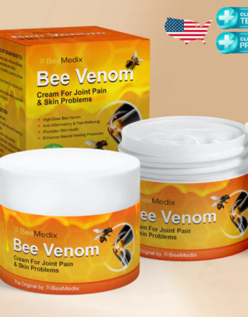 Bee venom pain relief cream for joint pain and skin problems by Dropdash in orange packaging