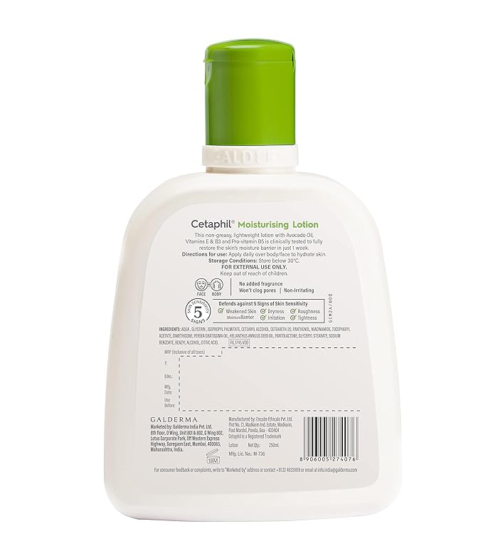 Back view of Cetaphil gentle skin cleanser and moisturizer combo moisturizing lotion bottle with green cap