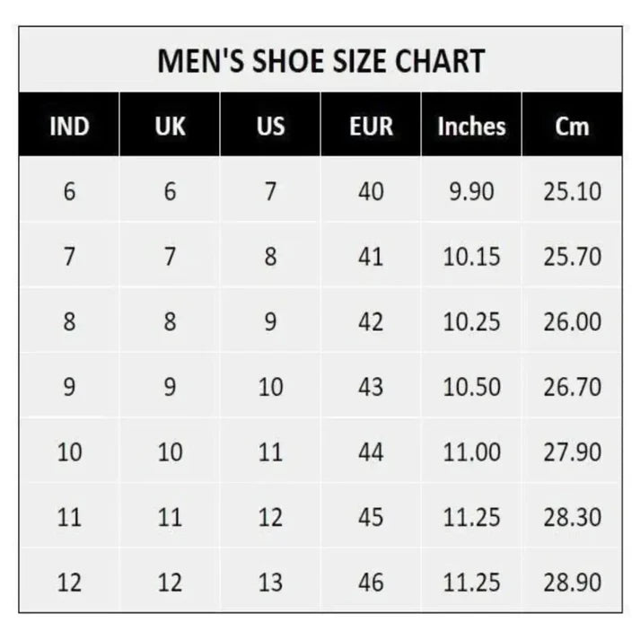Mens formal shoes size chart showing IND UK US EUR sizes with inches and centimeters measurements for comfortable everyday leather shoes