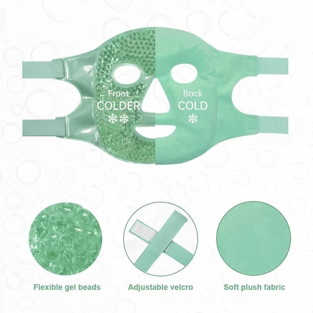 Cooling gel face mask with flexible gel beads adjustable velcro and soft plush fabric for comfort