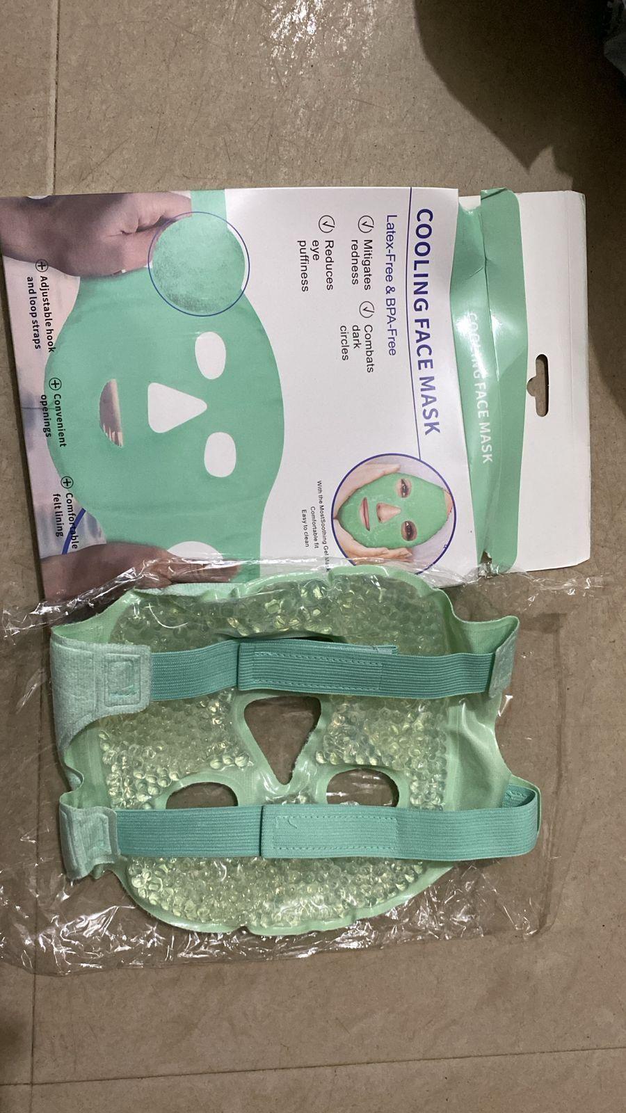 Cooling gel face mask with adjustable straps shown outside packaging for facial relief