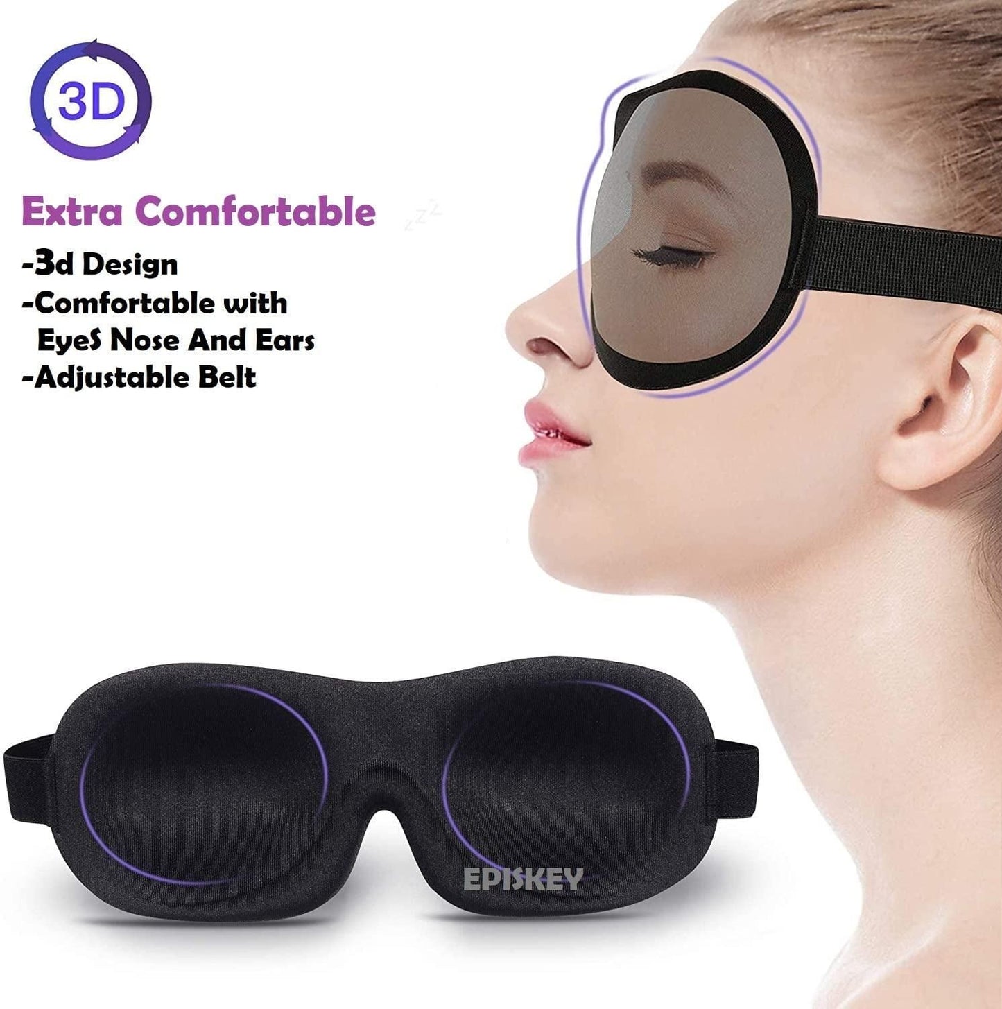 Light blocking eye mask with 3D design and adjustable belt for extra comfort and blocking light completely