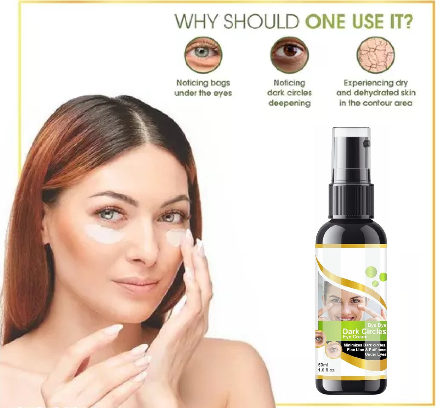 Woman applying eye cream for dark circles and puffiness with product bottle and usage benefits shown