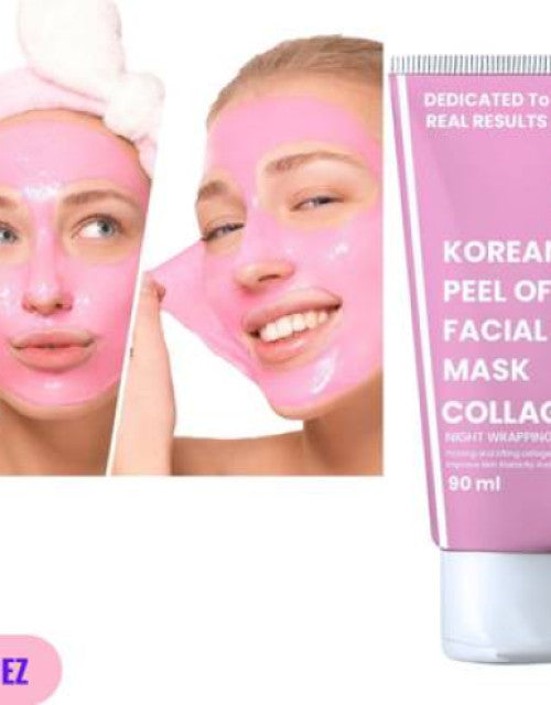 Dropdash overnight collagen face mask applied and peeled off from a woman's face in pink packaging