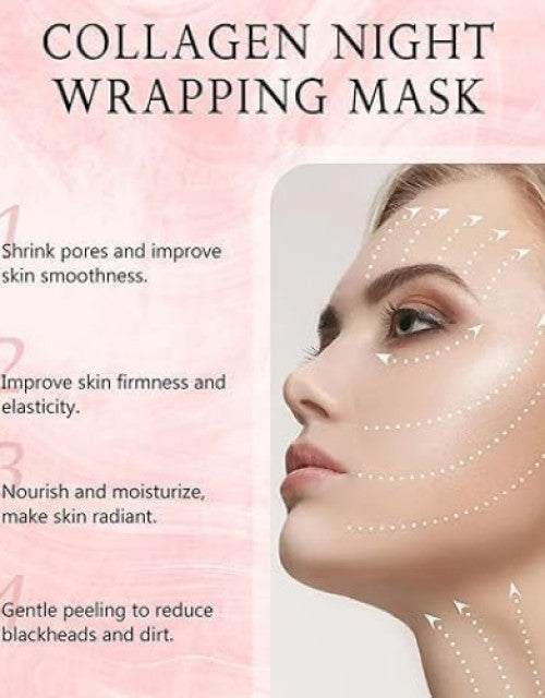 Overnight collagen face mask by Dropdash shown on woman's face with skin benefits and treatment areas