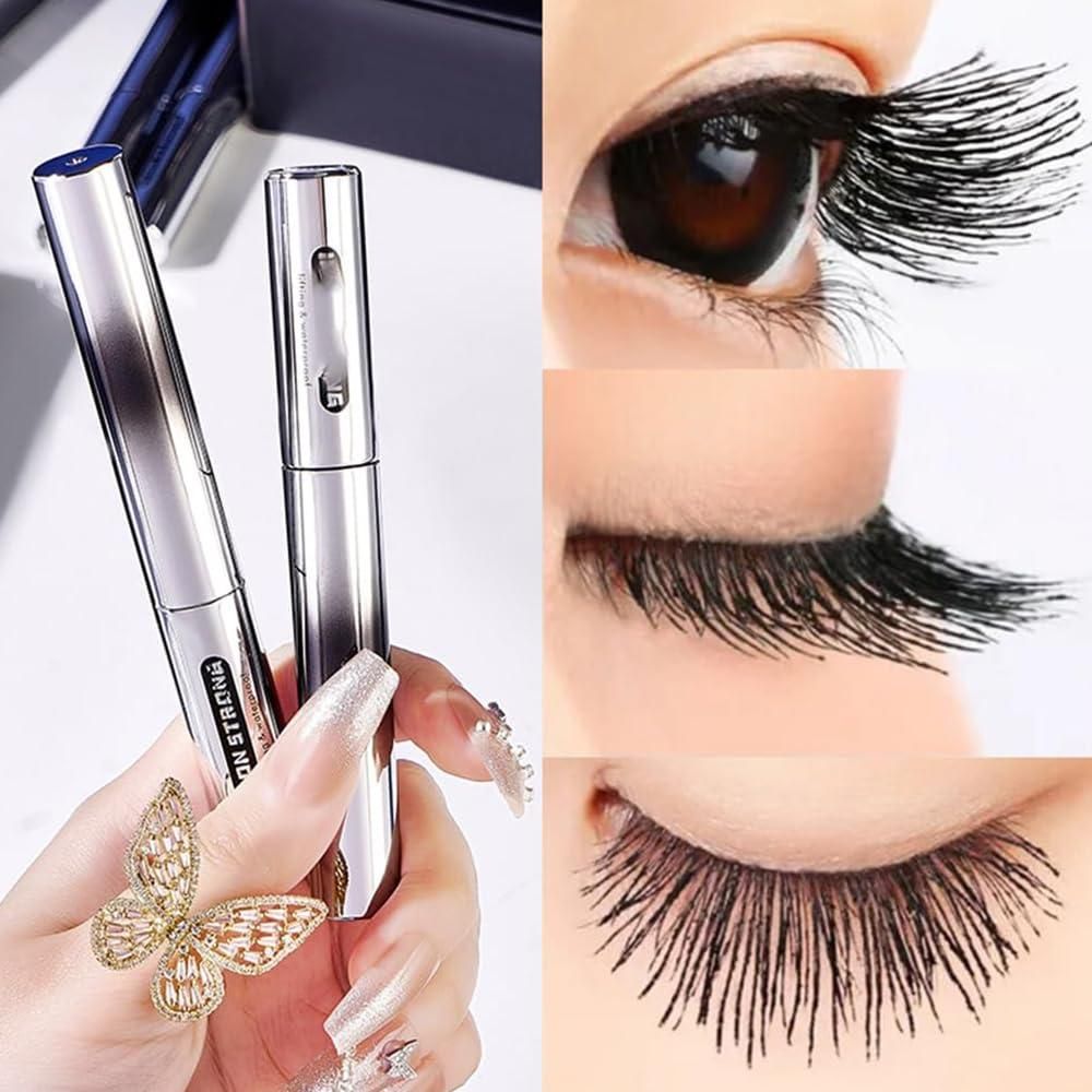 Mascara for curled lashes shown with silver tube and close-up of long curled eyelashes