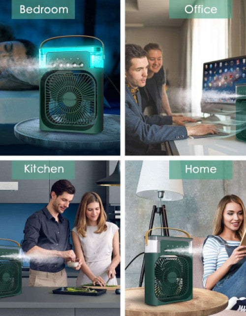 Dropdash portable misting fan for cars shown in bedroom office kitchen and home settings for versatile cooling