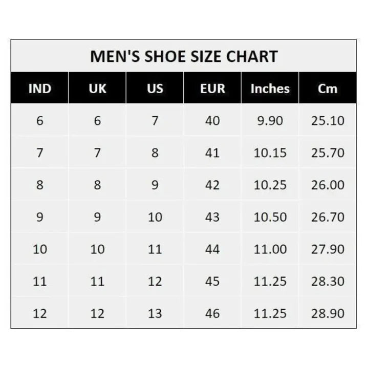 Men's shoe size chart showing IND, UK, US, EUR sizes and corresponding inches and cm for soft leather casual shoes for men