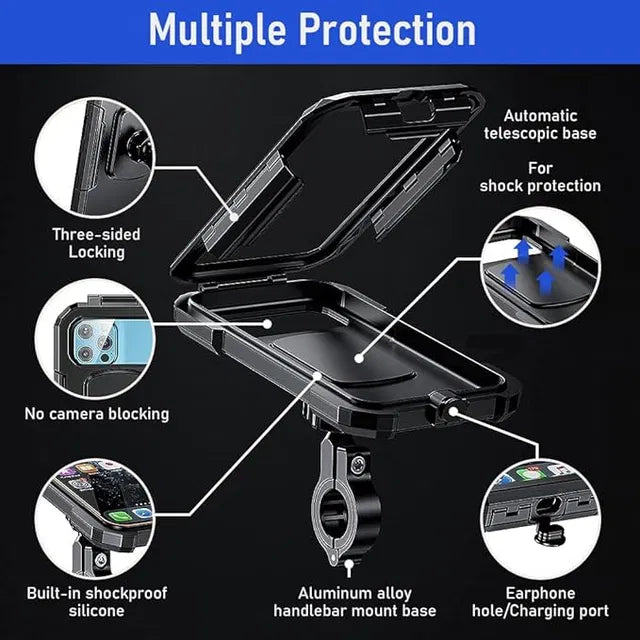 Touchscreen bike phone mount with three-sided locking, shockproof silicone, no camera blocking, and aluminum handlebar base