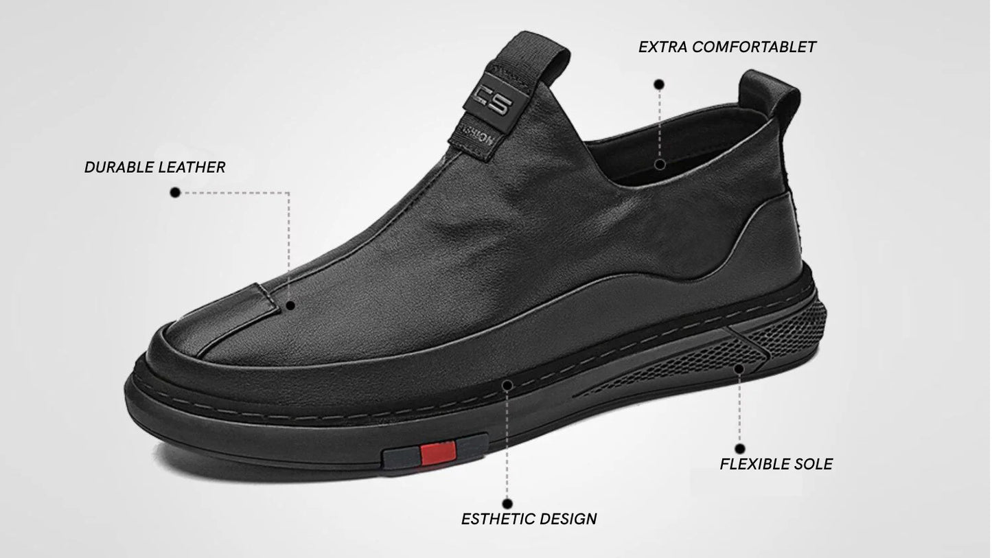 Black men's casual shoes with durable leather, flexible sole, and extra comfort design
