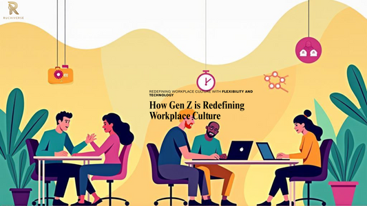 Illustration of diverse young professionals collaborating in a modern office highlighting future of workplace culture generation Z
