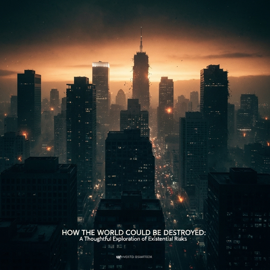 Dark city skyline at sunset illustrating preventing human extinction risks and existential threats to the world