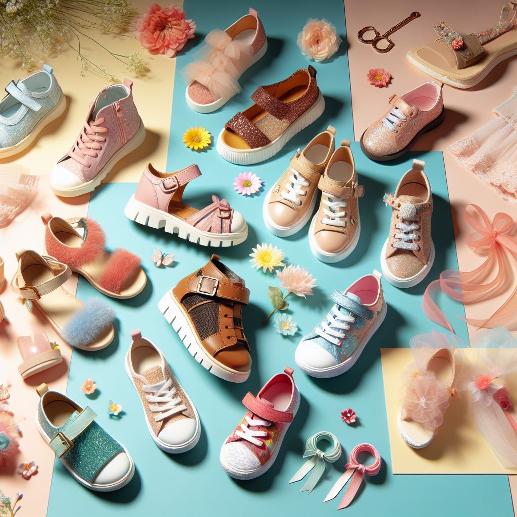Variety of cute girls shoes in different styles and colors displayed on a blue and pink background