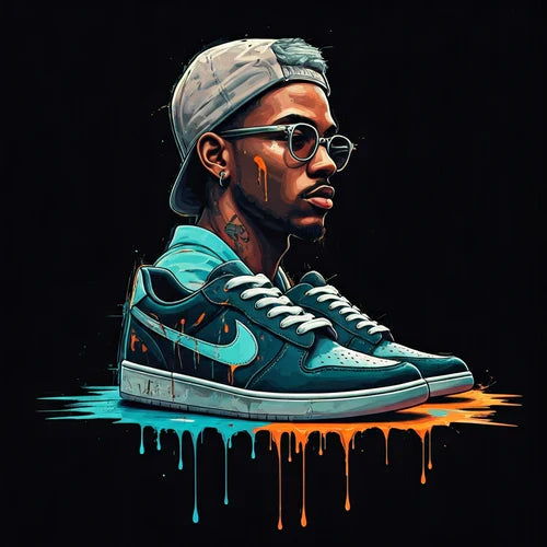 Artistic illustration of stylish sneakers with a modern man in cap and glasses, featuring the best work shoes for men