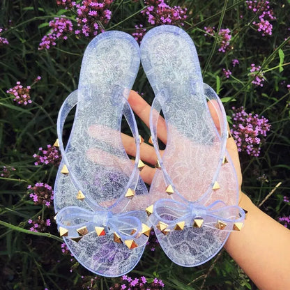 2020 European summer new fashion rivet bow flat flip flops women wear cool slippers jelly shoes