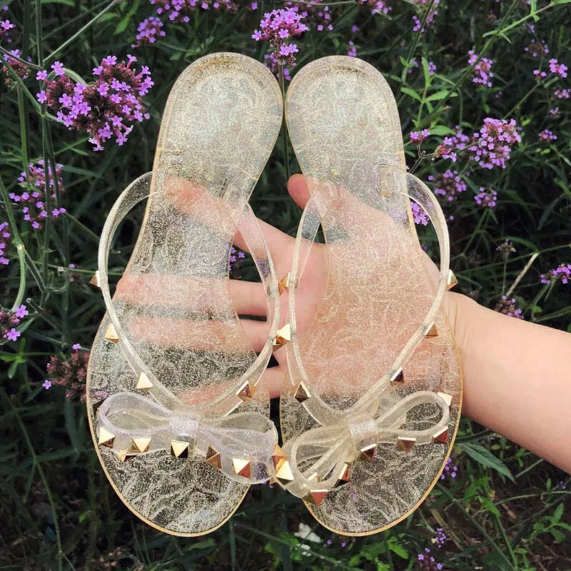 2020 European summer new fashion rivet bow flat flip flops women wear cool slippers jelly shoes
