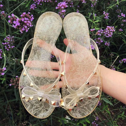 2020 European summer new fashion rivet bow flat flip flops women wear cool slippers jelly shoes