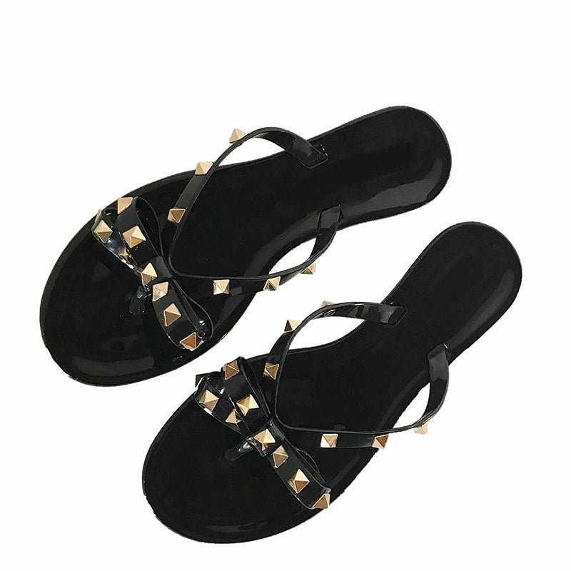 2020 European summer new fashion rivet bow flat flip flops women wear cool slippers jelly shoes