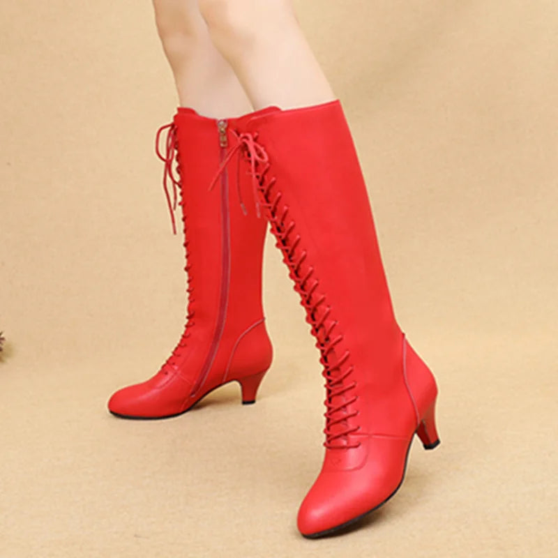 Leather Latin Dance Shoes Long Boots Female Dance Shoes Adult Girls Ballroom Tango Latin Shoes Dancing Boots A167
