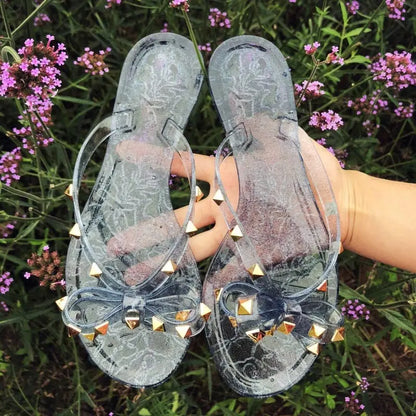 2020 European summer new fashion rivet bow flat flip flops women wear cool slippers jelly shoes