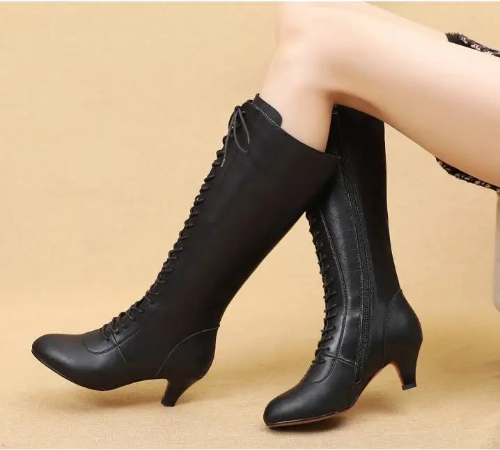 Leather Latin Dance Shoes Long Boots Female Dance Shoes Adult Girls Ballroom Tango Latin Shoes Dancing Boots A167