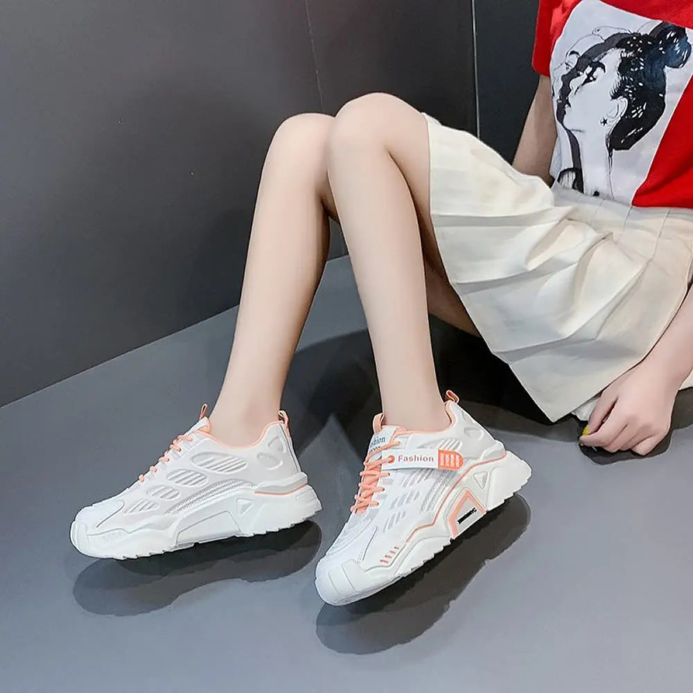 Womens Sneakers Tennis Female Korea Ladies Shoes Platform Trainers Fashion Casual Heels Thick Sole Mesh Breathable Lace-Up Shoes