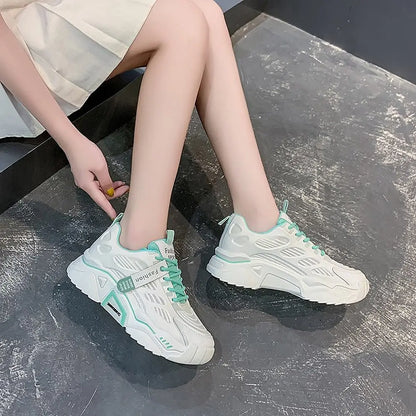 Womens Sneakers Tennis Female Korea Ladies Shoes Platform Trainers Fashion Casual Heels Thick Sole Mesh Breathable Lace-Up Shoes