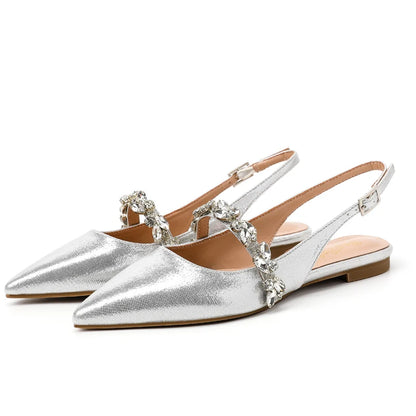 Summer Lady New Women's Shoes Back Strap Pointed Rhinestone Low-Front Cover Foot Flat Bottom Casual Shallow Mouth Simple Sandals