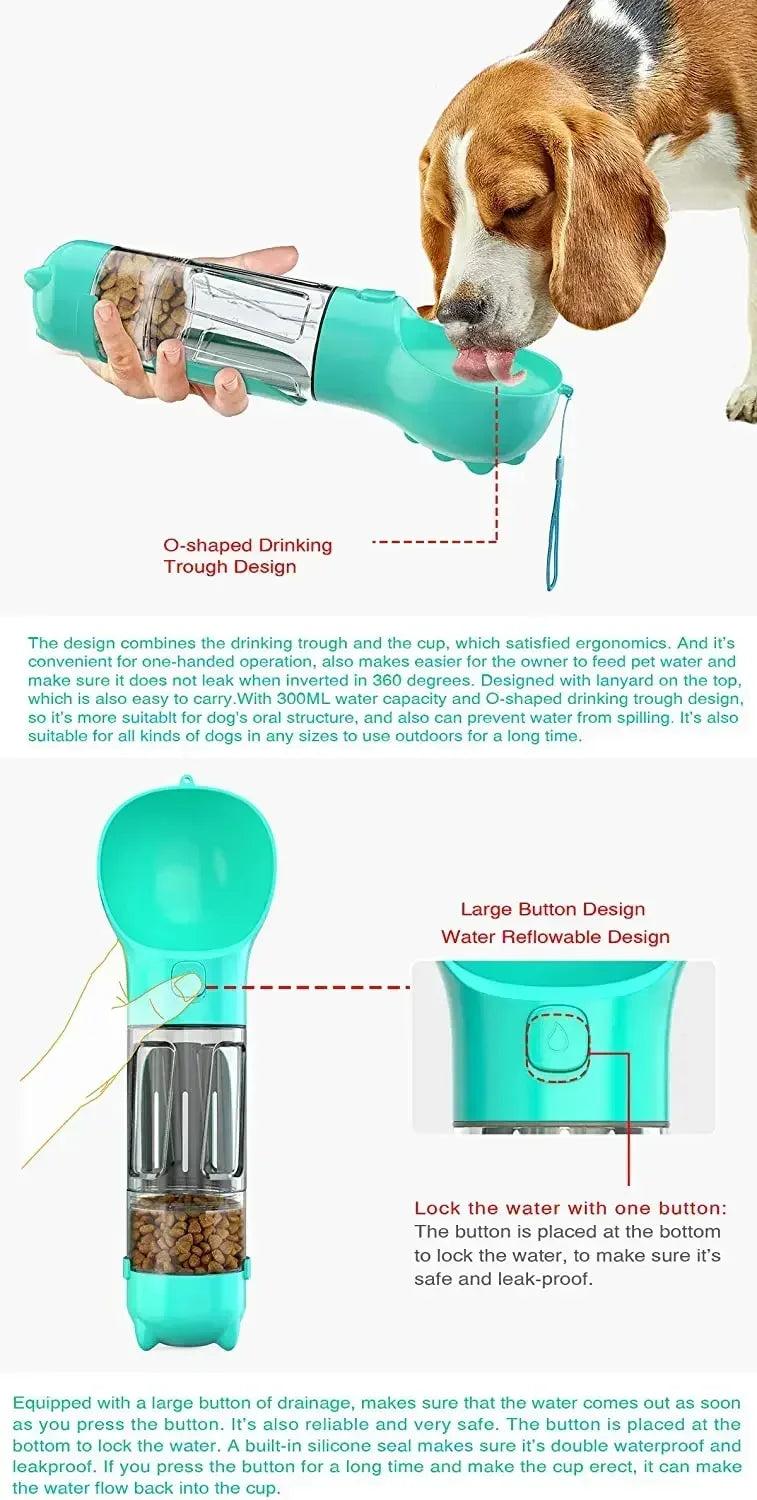 3 in 1 Portable Dog Water Bottle Pet Food Feeder Drinker Poop Dispenser Leak-proof Multifunctional Dog Water Bottle Dog Feeder
