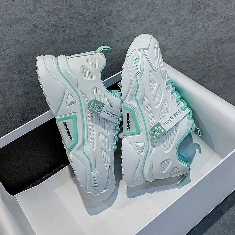 Womens Sneakers Tennis Female Korea Ladies Shoes Platform Trainers Fashion Casual Heels Thick Sole Mesh Breathable Lace-Up Shoes
