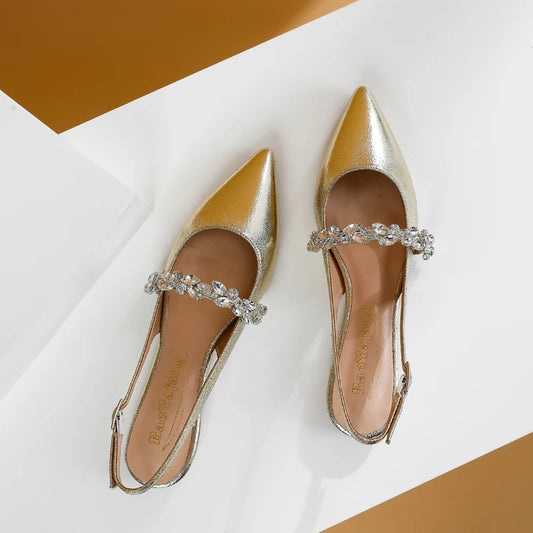 Summer Lady New Women's Shoes Back Strap Pointed Rhinestone Low-Front Cover Foot Flat Bottom Casual Shallow Mouth Simple Sandals