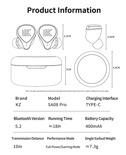 KZ SA08 PRO 8BA Units TWS Bluetooth5.2 Earphone True Wireless Earbuds Touch Control Noise Cancelling Sport Headset ZSX ASX ZAX