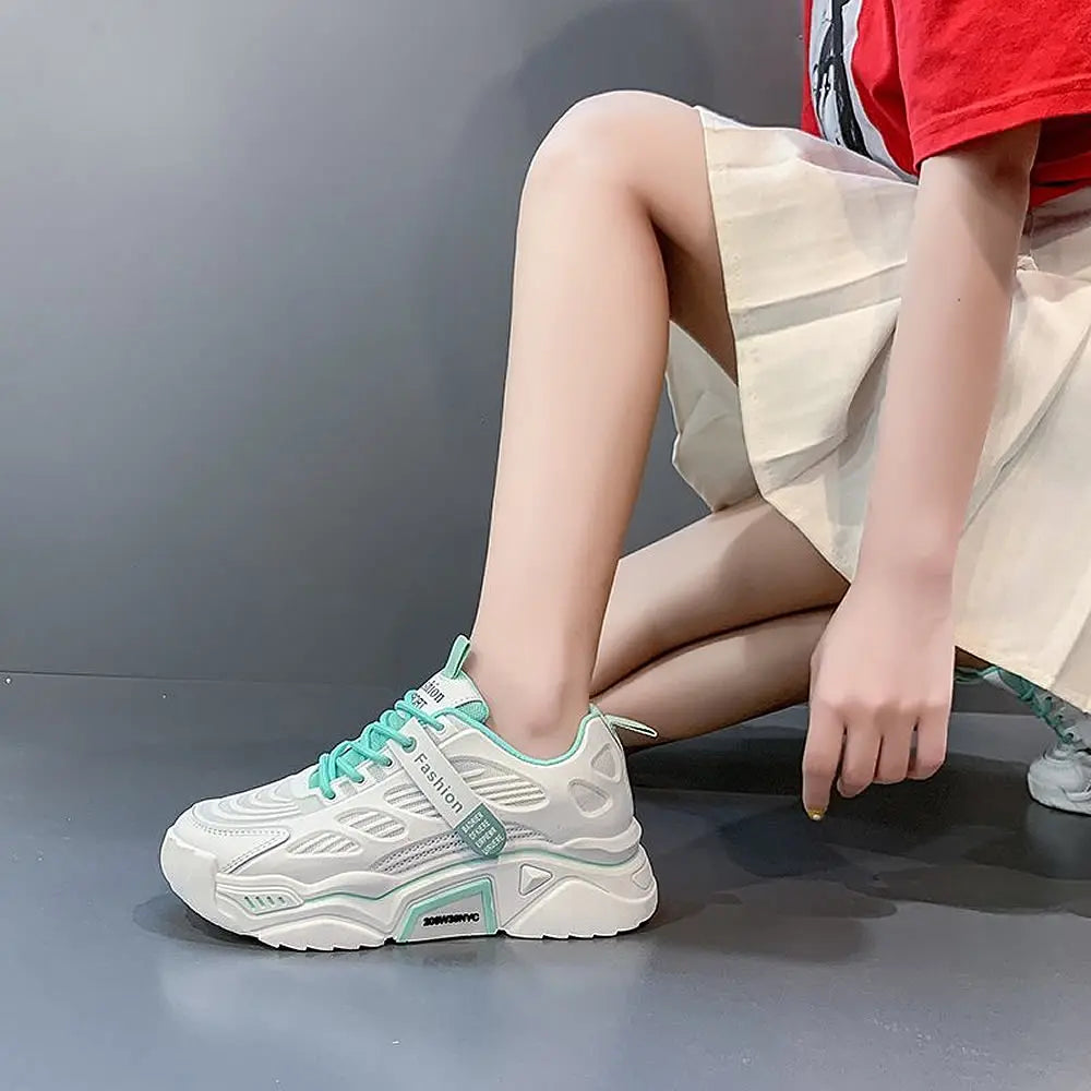 Womens Sneakers Tennis Female Korea Ladies Shoes Platform Trainers Fashion Casual Heels Thick Sole Mesh Breathable Lace-Up Shoes
