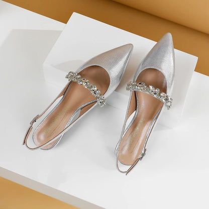 Summer Lady New Women's Shoes Back Strap Pointed Rhinestone Low-Front Cover Foot Flat Bottom Casual Shallow Mouth Simple Sandals