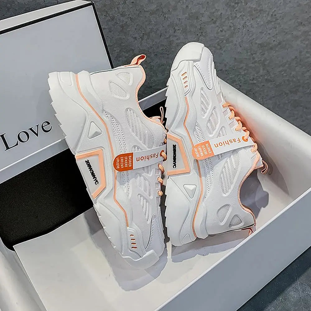 Womens Sneakers Tennis Female Korea Ladies Shoes Platform Trainers Fashion Casual Heels Thick Sole Mesh Breathable Lace-Up Shoes