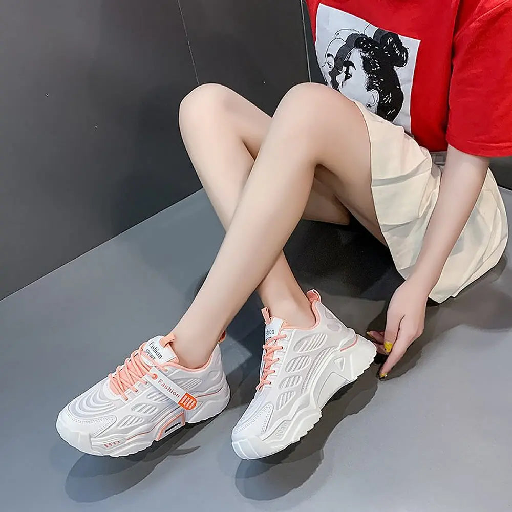 Womens Sneakers Tennis Female Korea Ladies Shoes Platform Trainers Fashion Casual Heels Thick Sole Mesh Breathable Lace-Up Shoes